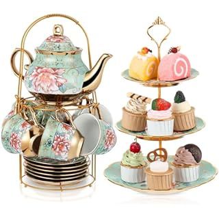 Amazon.com | CHANJOON 20 Piece Gold plated red rose ceramic tea set, vintage tea set with teapot, beautiful tea and coffee service for 6 people 20 pieces: Tea Sets Ceramic Cake Stand, Flower Tea Cup, Tiered Dessert Stand, Christmas Tea Party, Cake Stand Ceramic, Tea Party Table, Tea Decor, Tea Party Setting, Teapot Set