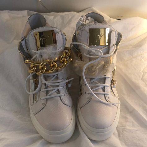 Brand New, Never Been Worn Giuseppi Zanotti Sneakers! Zippers On Both Sides Of Shoes And On Back. Gold Buckle On Front Of Sneaker. Packaging Still On One Buckle And Includes Original Shoe Bag Gold High-top Sneakers With Round Toe, Designer Round Toe Sneakers For Party, Chic Gold Leather Sneakers, Designer Party Sneakers With Round Toe, Luxury Gold Sneakers For Party, Luxury Gold Lace-up Sneakers, Gold Leather High-top Sneakers With Round Toe, Leather Party Sneakers With Round Toe, Designer Gold High-top Sneakers