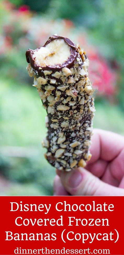 Disney Chocolate Covered Frozen Bananas are a popular treat inside the parks, at amusement parks and beaches across the world. Frozen Bananas dipped in melted homemade chocolate magic shell and covered in peanuts. The perfect slightly healthy treat! Copycat Dinner, Frozen Banana Recipes, Frozen Chocolate Bananas, Chocolate Covered Bananas Frozen, Chocolate Dipped Bananas, Banana Dip, Kids Treats, Sweet Sauces, Healthier Snacks