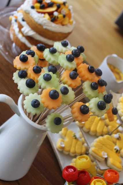 Beeday Party Food, Bee Inspired Party Food, Honeybee Party Food, Honey Bee Party Food Ideas, Honey Bee Birthday Party Food, Bee Food Party, Bee Themed Fruit Tray, Bumblebee Party Food, Honey Bee Is Three