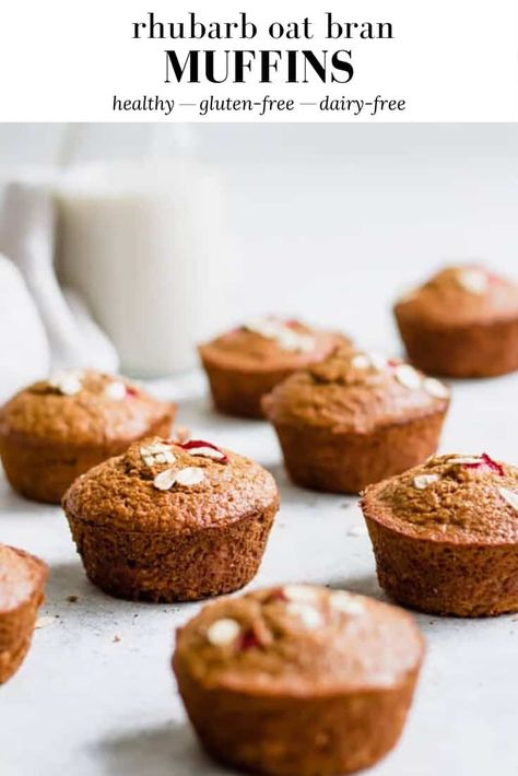 These Rhubarb Oat Bran muffins are made with fluffy whole grains, a dairy-free buttermilk, and tangy rhubarb for a sweet, filling treat! #glutenfree #rhubarbmuffins #oatbranmuffins #healthyrecipes Thai Donuts Recipe, Spiced Pretzels, Bran Muffins Healthy, Rhubarb Scones, Oat Bran Muffins, Molasses Muffins, Bran Muffin Recipes, Rhubarb Muffins, Thai Coconut Soup