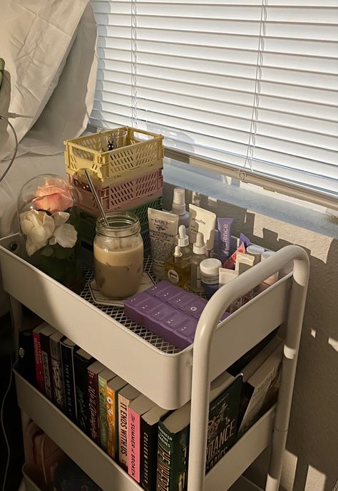 my book cart <3 College Bathroom, Dorm Bathroom, Book Cart, College Dorm Room Decor, Dorm Room Inspiration, College Room, Dekorasi Kamar Tidur, غرفة ملابس, Cozy Room Decor