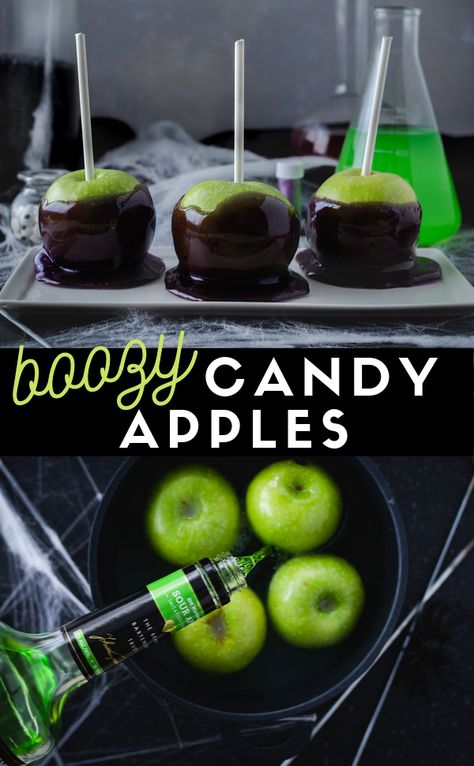 Candy apples that have been soaked in alcohol for a boozy adult Halloween treat that will be sure to bewitch your guests. These apples are dipped in a black and edible glitter purple candy coating. #ElleTalk ElleTalk #Halloween #HalloweenRecipe #AppleRecipe #BoozyRecipe #BoozyTreat #ApplePucker #CandyApple Fancy Candy Apples, Candied Apples Halloween, Halloween Candied Apples, Alcohol Candy Recipes, Adult Halloween Party Desserts, Boozy Apples, Halloween Candy Apples Ideas, Infused Candy Apples, Adult Halloween Treats