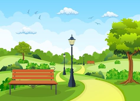 Cartoon Park, Tree Lanterns, Kids Background, City Background, Public Park, Creative Illustration, Beautiful Landscape Wallpaper, Flat Style, Landscape Wallpaper