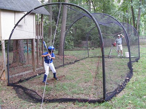 Backyard Batting Cage with Pitching Machine I'm quite sure we will have one for the kids Batting Cage Backyard, Batting Cage Net, Batting Cage, Pitching Machines, Backyard Baseball, Baseball Tips, Baseball Drills, Baseball Hitting, Pitching Machine