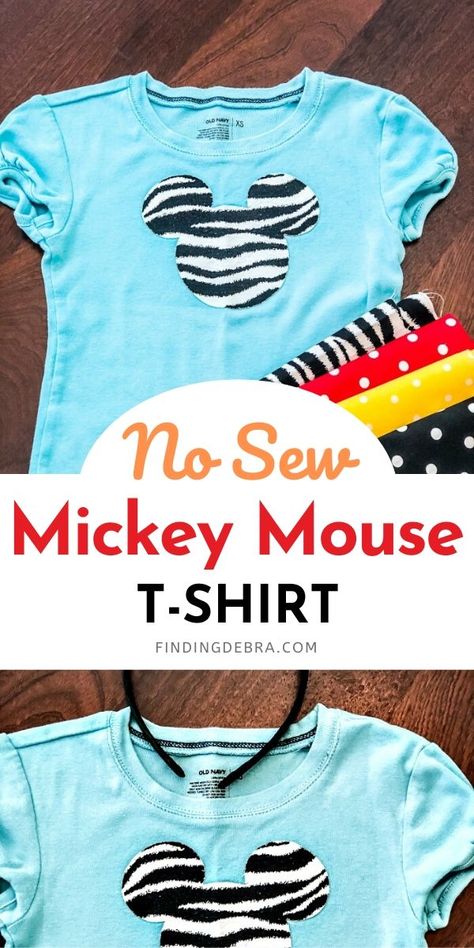 Easy No Sew Mickey Mouse Applique Tshirt (Tutorial) - Finding Debra Mickey Mouse Applique, Mickey Mouse Tshirt, Mouse Applique, Disney Character Shirts, T Shirt Tutorial, Mickey Mouse Shirt, Applique Tee, Disney Theme Party, Shirt Hacks