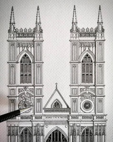 Architecture drawings are used to build, but they are also art! Here I have hand drawn, with my trusty pen and ruler, an architecture elevation of Westminster Abbey, London. This signed copy of my illustration is printed using highest quality Hahnemühle German Etching paper. This strong and textured giclee paper replicates the art paper that I had originally drawn on.  Prints are made to order so please allow 5-6 working days for delivery. Available in A4 size - 210x297mm  And A3 size 297x420mm Pen Sketches Architecture, Sketch Ideas Building, Westminster Abbey Drawing, Architecture Sketch Simple Building, Building Drawing Architecture Sketches, Architecture Concept Drawings Sketches, Drawings Architect, Architecture Drawing Art Buildings, London Art Drawing