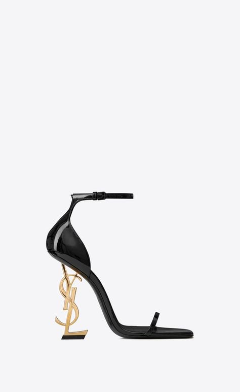 SAINT LAURENT YSL heel shoes Woman OPYUM sandals in metallic leather with a black heel (110) V4 Ysl Heels, Ysl Shoes, Hot Shoes, Dream Shoes, Casual Shoes Women, Shoe Game, Gold Tone Metal, Black Heels, Leather Fashion