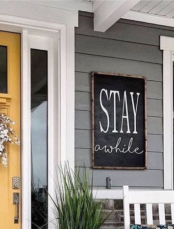 Wood Bench Front Porch, Outside Bench Decorating Ideas, Simple Front Porch, Patio Wall Art, Stay Awhile Sign, House Entryway, Outside Benches, Small Porch Decorating, Washington House