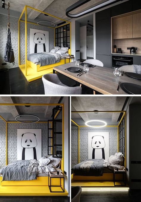 Monochromatic Apartment, Monochrome Bedroom, Kitchen Apartment, Grey Bed Frame, Monochrome Interior, Bed Platform, Grey Brick, Panda Art, Yellow Bedroom