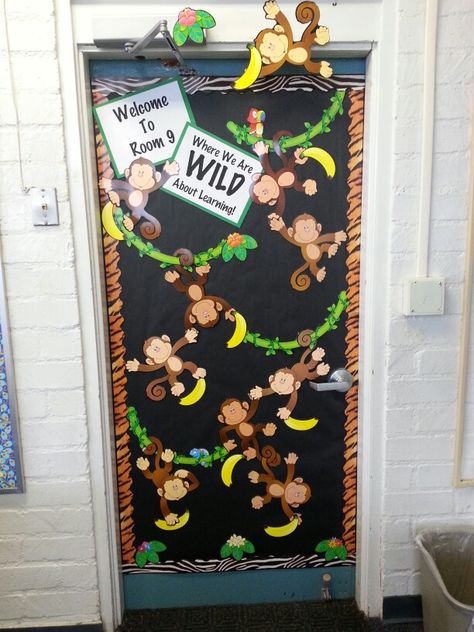 WILD about learning! Monkeys, Animal Theme, Door, Back To School! Monkey Classroom Theme Preschool, Animal Door Decorations Classroom Jungle Theme, Monkey Door Decorations Classroom Decor, Wild Animals Classroom Theme, Welcome To The Jungle Door Decoration, Monkey Classroom Door, Monkey Themed Classroom, Jungle Theme Door Decorations Classroom, Wild About School Theme