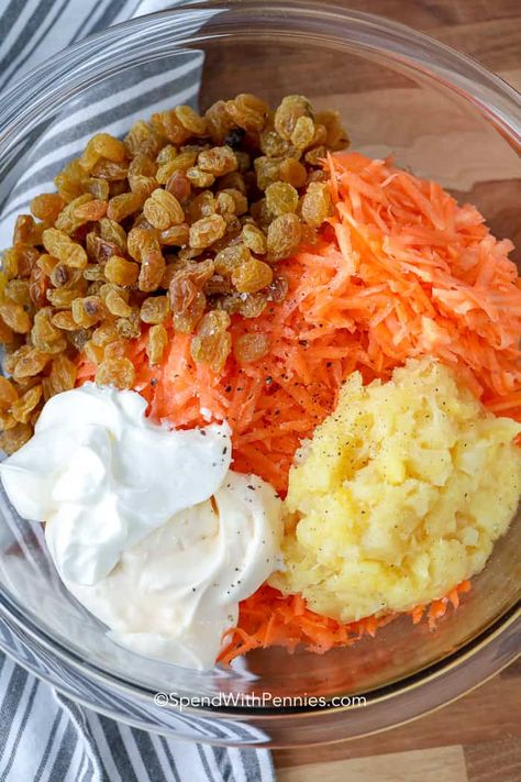 This easy carrot salad recipe is a kid friendly side dish that is perfect for potlucks. We love making this easy classic carrot salad to bring with us! #spendwithpennies #carrotsalad #carrots #carrot #salad #sidedish #classiccarrotsalad Easy Carrot Salad, Kid Friendly Side Dishes, Classic Coleslaw Recipe, Salad Decoration, Moroccan Carrot Salad, Carrot Raisin Salad, Carrot Salad Recipes, Fruit Fruit, Spend With Pennies