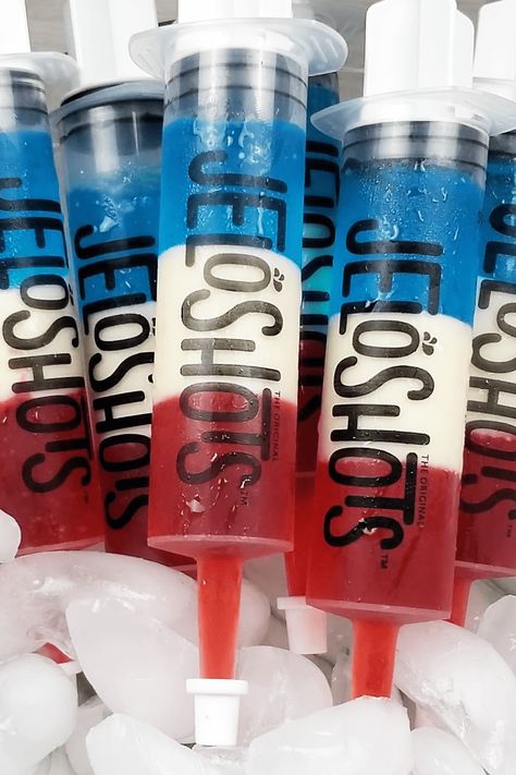 July 4th Jello Shots, Patriotic Jello Shots, Syringe Jello Shots, Summer Jello Shots, Red White Blue Drink, Jello Shot Syringes, White Jello, Blue Jello Shots, Fourth Of July Drinks