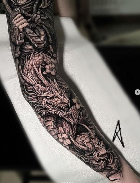 Japanese Theme Tattoo, Dragon Tattoo Forearm, Japanese Tattoo Sleeve, Voll Arm-tattoos, Tato 3d, Japanese Hand Tattoos, Samurai Tattoo Sleeve, Tattoo Homme, Japanese Tattoos For Men