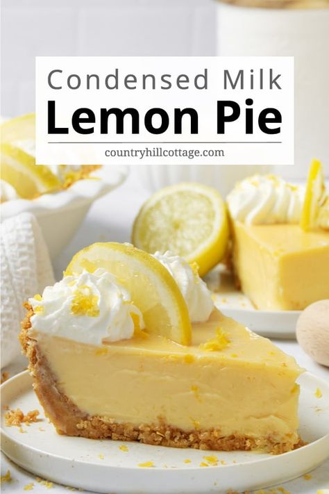 Citrusy condensed milk lemon pie is sweet, tangy, and unbelievably creamy. Made with 6 simple ingredients and a classic graham cracker crust, the lemon pie recipe uses fresh lemon juice and zest for the ultimate lemon flavor. Homemade Creamy lemon pie with sweetened condensed milk is a refreshing summer dessert and a wonderful addition to any holiday pie spread. Baked in a crunchy crust and topped with puffs of fluffy whipped cream, your family will devour it! | CountryHillCottage.com Lemon Pie Recipe Condensed Milk, Creamy Lemon Pie, Holiday Pie, Lemon Pie Recipe, Lemon Treats, Lemon Pie Filling, Condensed Milk Recipes, Lemon Dessert Recipes, Food Appetizers