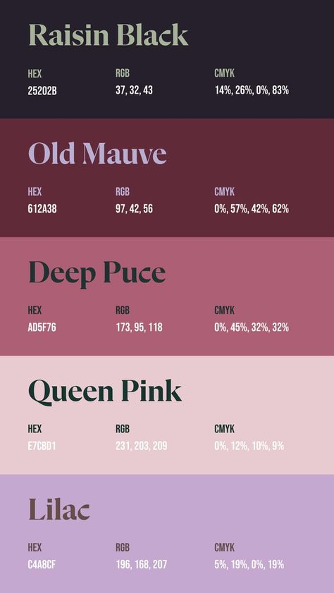 Colors: 25202B ° 612A38 ° AD5F76 ° E7CBD1 ° C4A8CF Color Palette For Notes, Demon Color Palette, Rococo Color Palette, Cool Colors Palette, Canva Palettes Color, Notes Color Palette, Pantone Color Palette, Color Palets, Procreate Palette