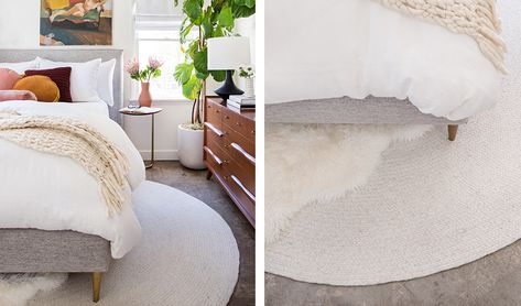 7 Key Pieces for Designing a Bedroom | Parachute Blog Round Rug Under Bed, Rugs In Bedroom How To Place, Round Rug Bedroom, Bedroom Rugs Under Bed, Rugs In Bedroom, Rug Under Bed, Bedroom Wood Floor, Designing A Bedroom, Bright Bedding