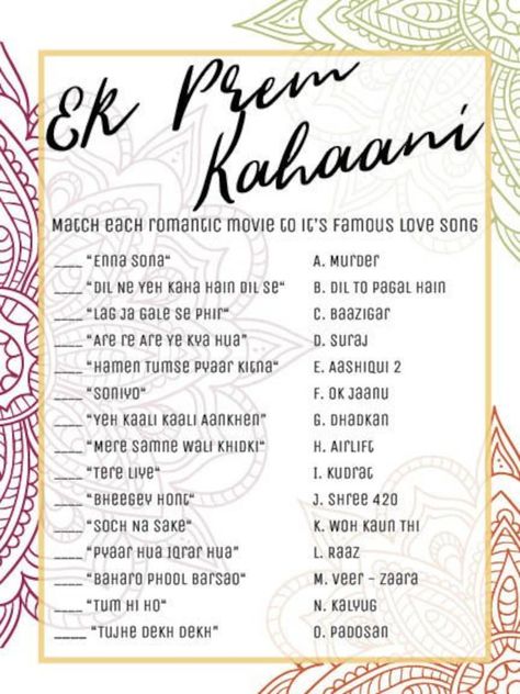 Buy Ek Prem Kahaani Bridal Shower Games Indian Wedding South Online in India - Etsy Bollywood Games Fun, Antakshari Games Ideas, Indian Wedding Games, Party Games For Ladies, Kitty Party Themes, Games For Ladies, 25th Wedding Anniversary Party, Games Group, Funny Party Games