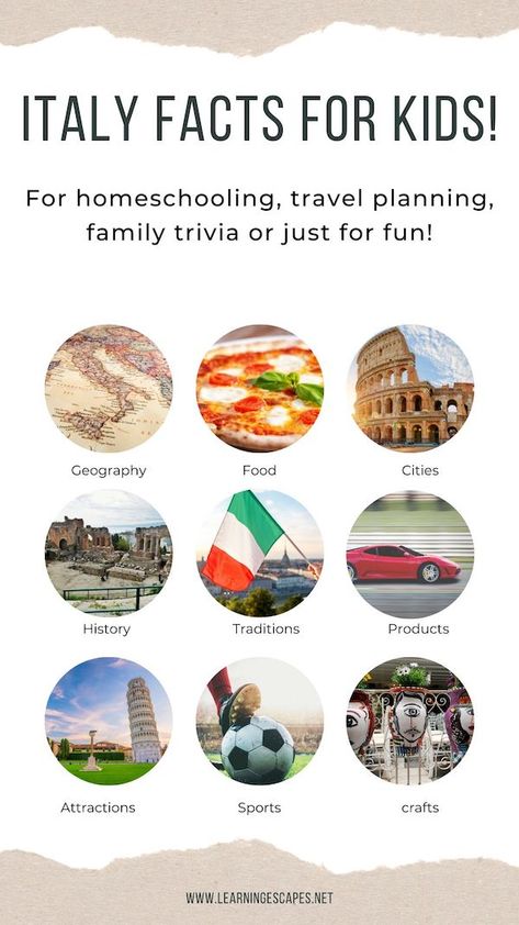 Fun facts about Italy for kids for homeschooling, trivia night, school work. Italy Day At School, Italian Theme Classroom, Italy Unit Study For Kids, Italy Swaps World Thinking Day, Italy World Thinking Day Ideas, Italy Projects For Kids, Italian Activities For Kids, Italy School Project, Italy Art Projects For Kids