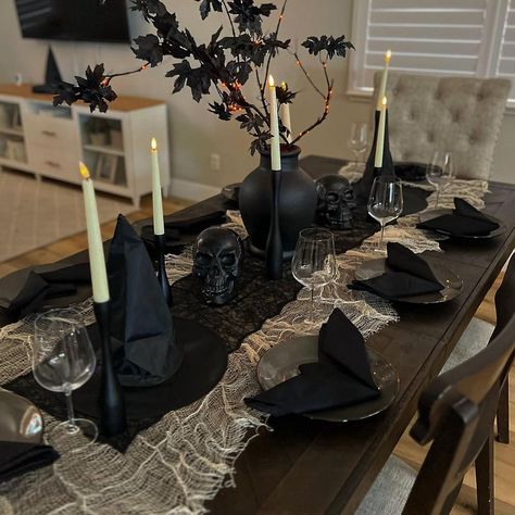 🖤💀 Spooky season table scape numero Uno 🖤💀 . . . . . #halloween #spookyseason #halloweentablescape #halloweendecor Skeleton Table Decor, Halloween Decorations Dining Table, Black Halloween Table Decor, Dining Room Table Halloween Decor, Halloween Dining Table Decorations, Halloween Dinner Setup, Kitchen Table Halloween Decor, Halloween Table Scape Ideas, Modern Halloween Party