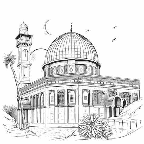 Sketch Mosque, Mosque Outline, Mosque Sketch, Arabic Illustration, Mosque Drawing, Bangla Funny Photo, Scrap Journal, Adult Coloring Books Printables, Islamic Art Canvas