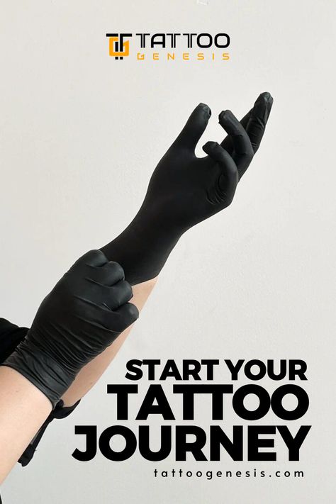 Here is a woman with black gloves on her arm and the words, start your tattoo journey Beginner Tattoo Artist, Learning To Tattoo, Tattoo Artist Portfolio, Fine Tattoos, Tattooing Machines, Tattoo Artist Tips, Tattoo School, Tattoo Tips, Tattoo Artist Tattoo