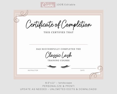 Lash Tech Certificate, Certificate Lashes, Eyelash Certificate, Eyelash Course, Lash Certificate, Eyelash Training, Eyelash Tech, Course Template, Lash Extension Training