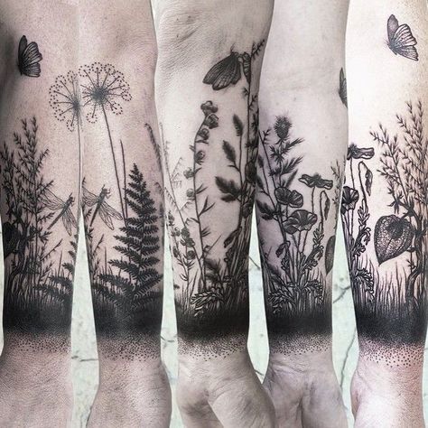 Botanical Tattoo Sleeve, Tattoo Bein Frau, Botanisches Tattoo, Cuff Tattoo, Nature Tattoo Sleeve, Garden Tattoos, Petit Tattoo, Mushroom Tattoos, Wildflower Tattoo