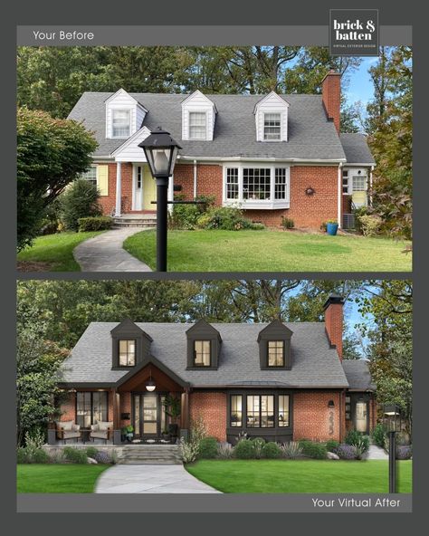 brick&batten on Instagram: “This Cape Cod style red brick home got a major facelift without painting the brick. Our designers recommended painting the siding around…” Red Brick Exterior Makeover, Red Brick House Front Porch, Bay Window Exterior Ideas, Modern Cape Cod House, Flip Homes, Modern Cape Cod, Brick House Exterior Makeover, Cape Cod Exterior, Cape Cod House Exterior