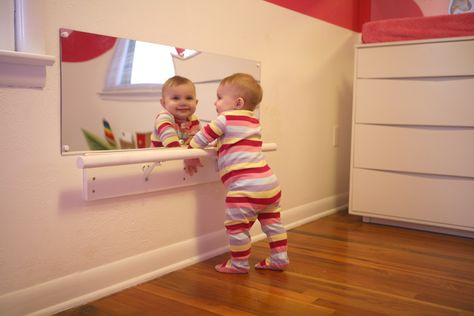 Standing bar I created and acrylic mirror for Montessori setup bedroom for our daughter that my wife and I did. Standing Bar, Montessori Bedroom, Montessori Room, Montessori Baby, Playroom Ideas, Toddler Bedrooms, Room Idea, Baby Bedroom, Baby Time