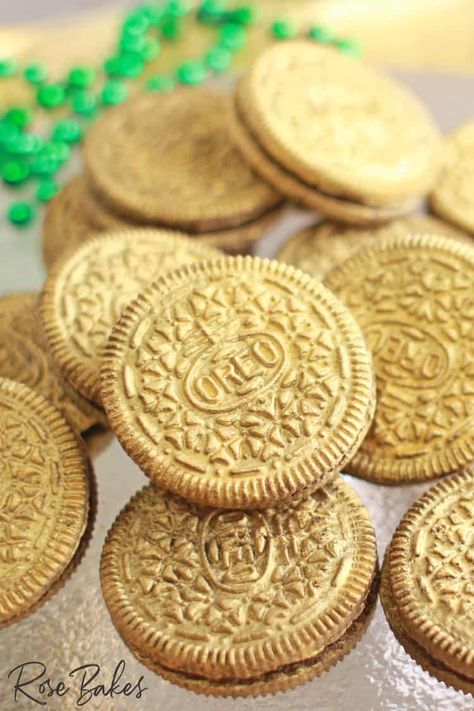 Gold Oreo Cookies, Gold Oreos, Loaded Baked Potato Bites, Cake Supply Store, St Patrick's Day Treats, Chocolate Gold Coins, Gold Cookies, Gold Food, Lucky Charms Marshmallows