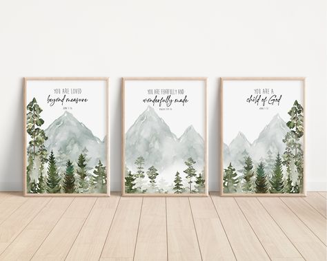 This Forest Nursery Print Set features a forest and mountain landscape that spreads over three prints. The colors are various shades of green and gray. You will receive three prints, with each one measuring the size you select. This is available on photo paper (frames not included) or on canvas (ready to hang). Please select your preference at checkout. Woodsy Nursery, Forest Nursery Art, Nursery Forest, Christian Nursery Decor, Nursery Bible Verses, Christian Nursery, Boy Nursery Themes, Mountain Nursery, Church Nursery