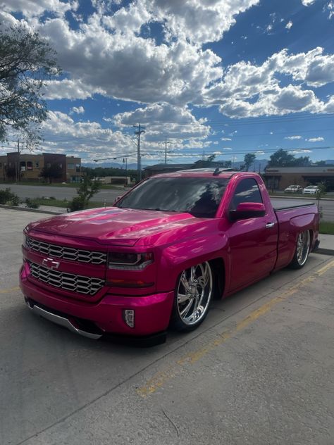 Pink Gmc Truck, Pink Pickup Truck, Hot Pink Truck, Dropped Trucks Chevy, Low Trucks Wallpaper, Low Rider Truck, Pink Lifted Trucks, Pink Chevy Trucks, Pink Trucks