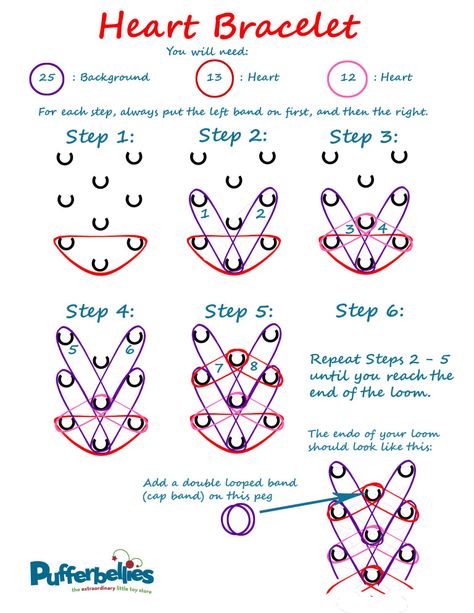 Rainbow Loom Heart Bracelet – Written Instructions – Pufferbellies Toys & Books Wonder Loom Patterns, Love Braid Rainbow Loom, Rainbow Loom Designs Step By Step, Rainbow Loom Heart Bracelet, Rainbow Loom Patterns Step By Step, Rainbow Loom Tutorials Step By Step, Rainbow Loom Bracelets Color Ideas, Rainbow Loom Step By Step, Loom Bands Instructions