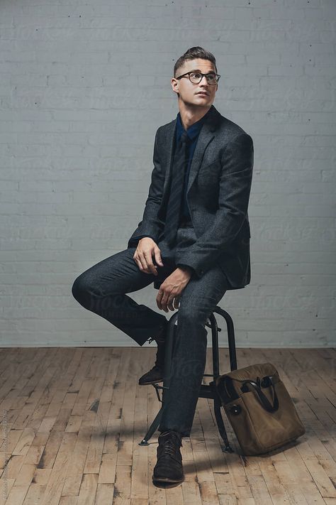 Person Sitting On Stool, Sitting Pose Reference, Well Dressed Man, Model Headshots, Male Models Poses, Studio Poses, Suit Shirt, Senior Pictures Boys, Creative Shot