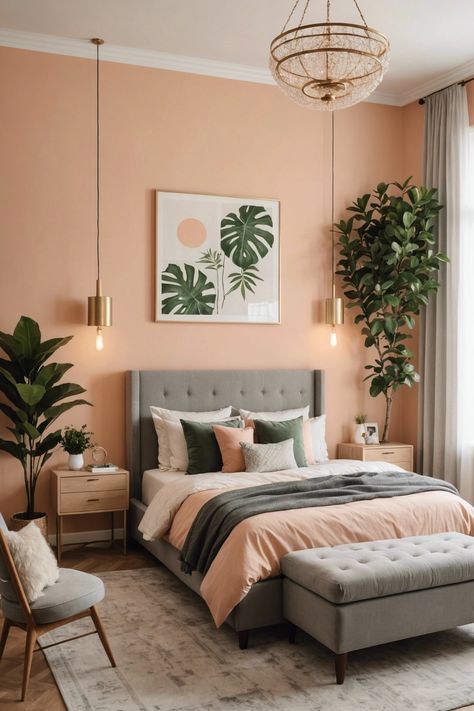 Oasis One Colored Wall Bedroom, Apricot Bedroom Walls, Salmon Pink Room, Salmon Wall Color, Salmon Color Bedroom, Comfortable Reading Nook, Loft Style Bedroom, Wardrobe Interior, House Planning