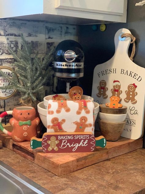 Brown Cabinets Christmas Decor, Mixer Christmas Decor, Gingerbread Man Kitchen Decor, Christmas Kitchen Shelves Decor, Kitchenaid Decor Ideas, Gingerbread Kitchen Christmas Decor, Kitchen Gingerbread Christmas Decor, Christmas Kitchen Gingerbread Decor, Gingerbread Theme Kitchen