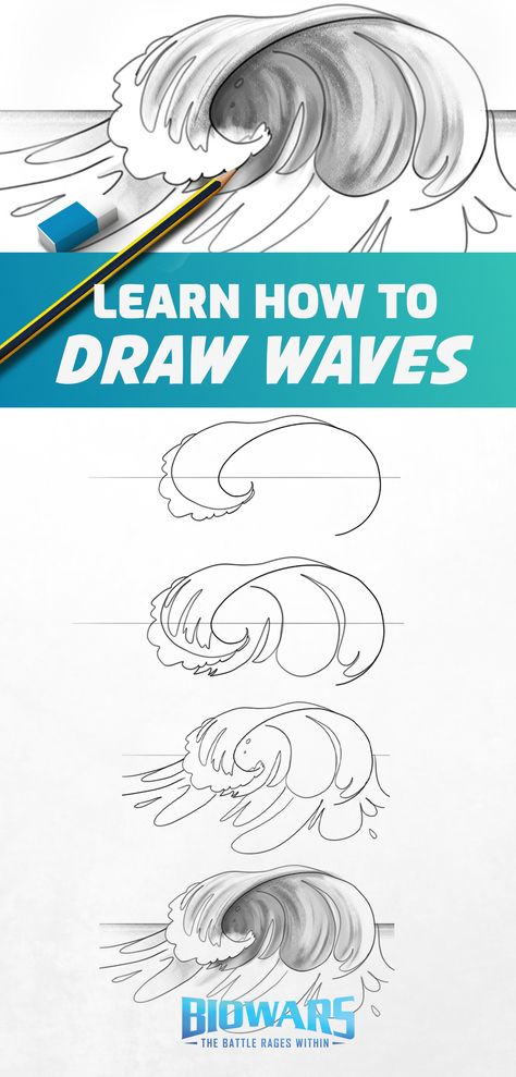 A collage of images depicting hte process of wave drawing. Ocean Waves Drawing Pencil, How To Draw Waves Step By Step, How To Draw A Wave Step By Step, Water Wave Drawing, How To Draw Ocean Waves, How To Draw Waves Easy, How To Draw A Wave, How To Draw Waves, Quick Wave