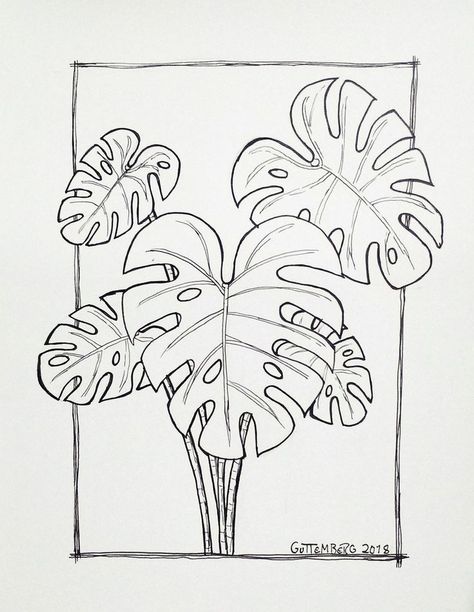 Drawing Monstera Plant, Monstera Plant Art Drawing, Botanical Plants Drawing, Monstera Illustration Drawings, Monteras Plant Drawing, Monstera Plant Line Art, Plants Design Drawing, Plant Decor Drawing, Monstera Plant Tattoo Ideas