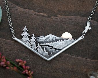 Handmade Metal Jewelry, Soldered Jewelry, Calligraphy Artwork, Mountain Necklace, Metalsmithing Jewelry, Metal Clay Jewelry, School Jewelry, Nature Necklace, Mixed Metal Jewelry