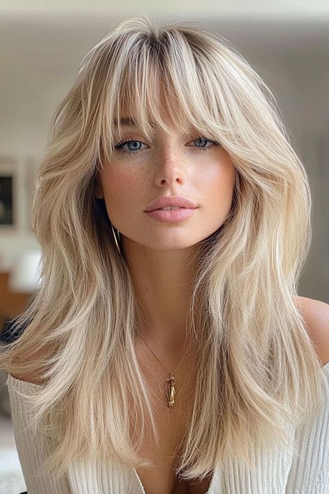 Icy Blonde Feathered Layers with Bangs Long Hair With Feathered Bangs, Blonde Wolf Cut Long, Fringe Hairstyles Blonde, Blonde Mid Length Hair With Bangs, Blonde Balayage With Bangs, Whisky Bangs, Mid Length Hair With Bangs, Layers With Bangs, Hairstyles For Seniors