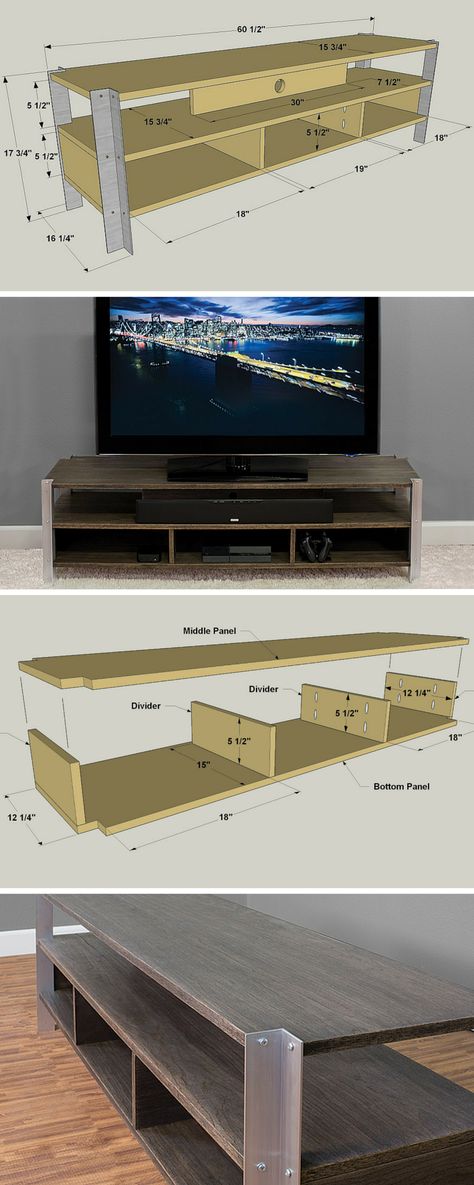 Featuring industrial accents, this new #DIY is the perfect place to store your TV and media accessories. Find the free plans at buildsomething.com Tv Stand Plans, Små Rum Lidt Plads, Industrial Tv Stand, Suport Tv, Diy Tv Stand, Diy Tv, Blanket Chest, Cheap Decor, A Tv