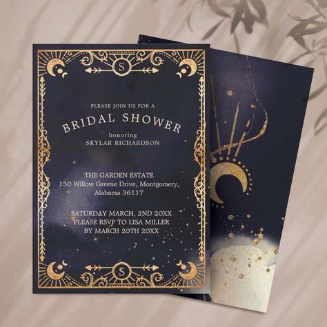 Celestial Tarot Card Sun & Moon Navy Bridal Shower Travel Theme Bridal Shower, Navy Bridal Shower, Bridal Shower Wine, Celestial Wedding, Boho Bridal Shower, Gold Invitations, Zodiac Horoscope, Wishing Well, Bridal Shower Theme