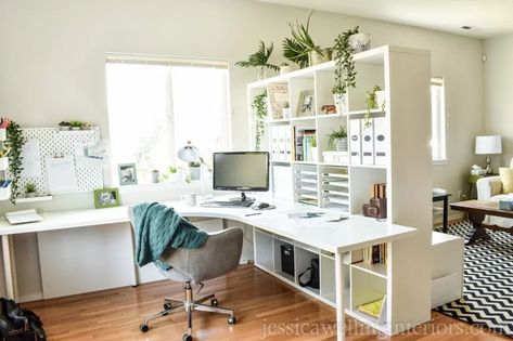 Ikea Home Office Ideas, Kallax Bookshelf, Ikea Home Office, Ikea Desk Hack, Office Dividers, Ikea Office, Home Office Makeover, Ikea Home, Kallax Ikea