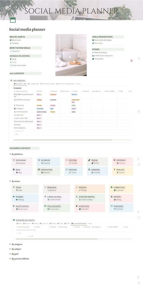 Notion template Social media planner Study Plan Template, Social Media Planner Template, Planner Youtube, Content Calendar Template, Instagram Planner, Template Social Media, Marketing Planner, Digital Organization, Content Calendar