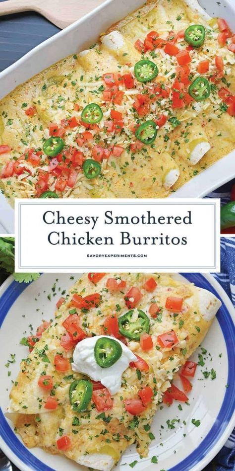 Smothered Chicken Burritos, Baked Burritos, Enchiladas Sauce, Green Enchiladas, Burrito Recipe Chicken, Smothered Chicken, Green Enchilada Sauce, Burritos Recipe, Chicken Burritos