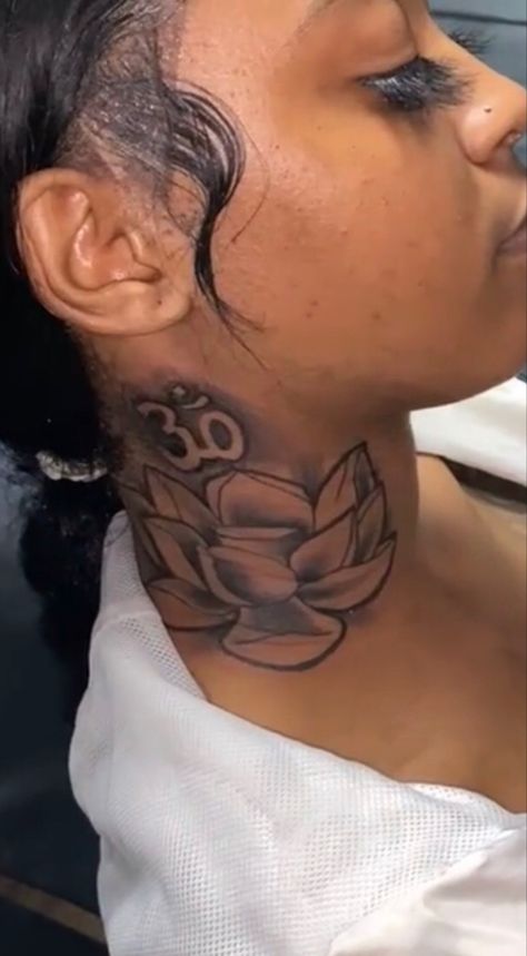 Lotus flower neck tattoo Neck Tatts Black Women, Females Neck Tattoos, Raw Neck Tattoos Women, Neck Tattoos Front Design, Cute Small Face Tattoos For Black Women, Side Neck Tattoos Women Cover Up, Medium Size Neck Tattoo, Lotus Tattoo Black Women, Behind The Neck Tattoos For Women Large