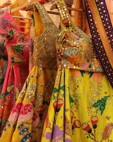 Love these multi color embroidered lehengas in yellow and pink #Frugal2Fab Multicolored Lehenga For Haldi, Multi Colour Lehenga, Haldi Outfit, Sangeet Outfit, Mehendi Outfits, Indian Bride Outfits, Latest Dress Design, Traditional Indian Dress, Classy Outfits For Women