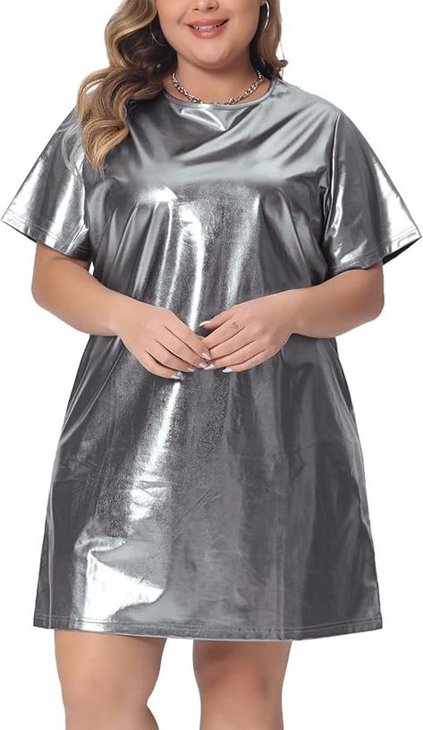 Agnes Orinda Plus Size Dress for Women Metallic Round Neck Short Sleeve Party Clubwear Loose Mini T-Shirt Dress 3X Purple at Amazon Women’s Clothing store Silver Shirt, Moda Curvy, Dress Silver, Review Dresses, Club Style, Metallic Dress, Silver Dress, Mini Shirt Dress, Tee Dress