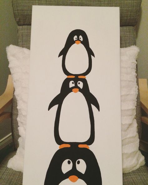 Penguin nursery art. Acrylic painting Penguin Easy Painting, Painting Ideas On Canvas Penguin, Penguin Painting Easy, Penguin Canvas Painting, Cute Penguin Painting, Penguin Painting Acrylic, Square One Art, Penguin Painting, Sunshine Room